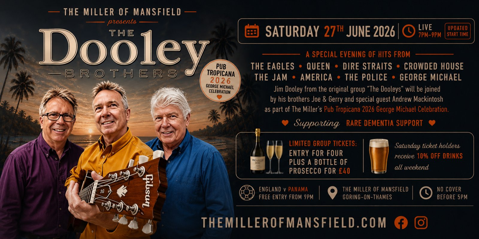 The Dooley Brothers live at Pub Tropicana 2026, Saturday 27 June at 8pm. A George Michael celebration. A portion of every ticket donated to Rare Dementia Support.
